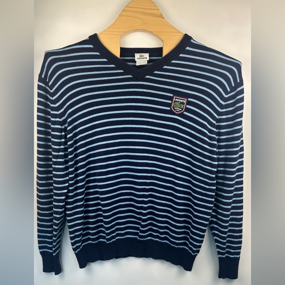 Lacoste V-Neck Sweater Mens‎ Size 7 US XL Navy Blue Long Sleeve Logo Pima Cotton - Picture 1 of 8